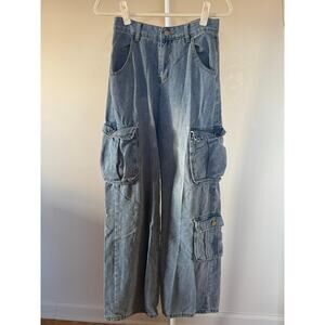 Baggy Denim Cargo Jeans Y2K Relaxed Fit Wide Leg Cotton Blend - S